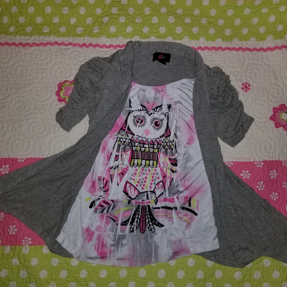 Adorable owl faux layered tank & cardigan combotop